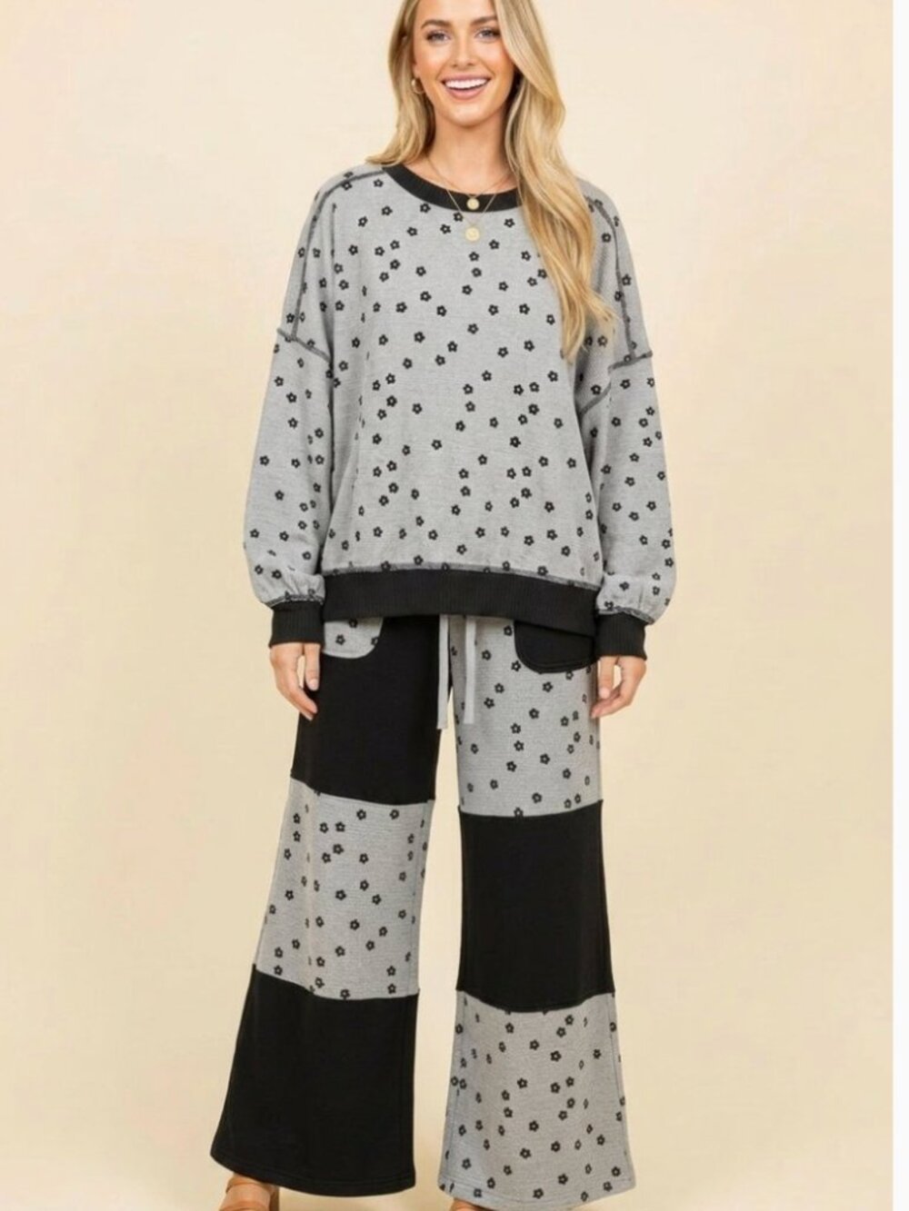 Hemish Gray Floral Patchwork Set | Sweatshirt + Wide‑Leg Pants | Cozy Boho Loung